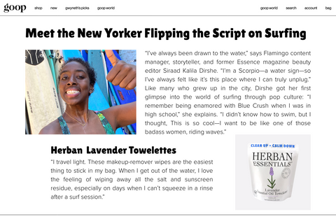 Screenshot from Goop’s “Surfing Essentials” article featuring New Yorker Siraad Kalila Dirshe and her must-have Herban Essentials Lavender Towelettes, praised for wiping away salt and sunscreen after a surf session.