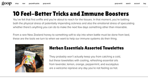 Screenshot from Goop’s “10 Feel-Better Tricks and Immune Boosters” article highlighting Herban Essentials Assorted Towelettes, praised for their refreshing essential oils including lavender, lemon, orange, peppermint, and eucalyptus.