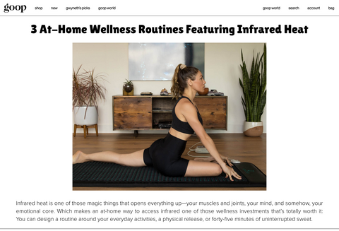 Screenshot of Goop’s “3 At-Home Wellness Routines Featuring Infrared Heat” article showing a woman practicing yoga on an infrared mat, where editors recommend Herban Essentials Eucalyptus Towelettes for post sauna freshness and recovery.