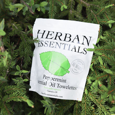 Herban Essentials cooling peppermint essential oil towelettes on a green leafy background