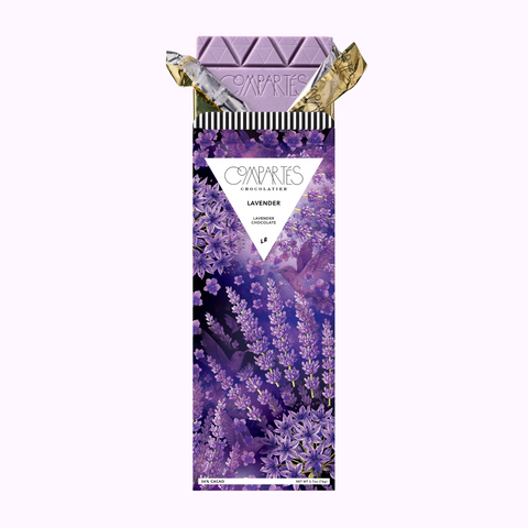A square of Compartés Lavender Chocolate Bar and a steaming cup of lavender-infused Earl Grey tea—offering a crisp, calming night ritual.