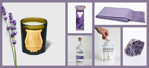 Collage of lavender-themed products including a candle, packaging, a bottle, and herbs. Lavender Essentials Ritual Vignette