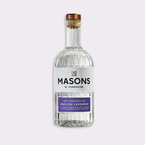 Bottle of Masons English Lavender gin of yorkshire on a white background for herbane essentials lavender blog