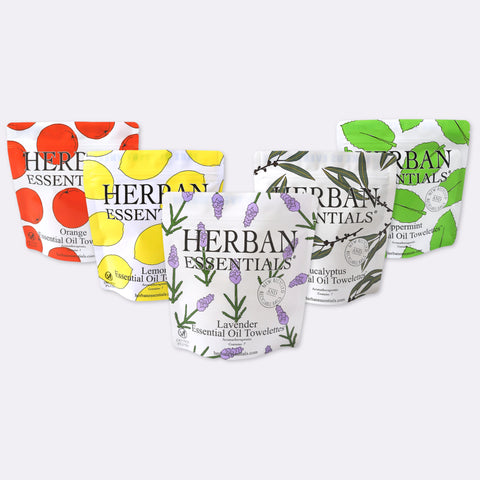 Herban Essentials Mini Gift Set of individually wrapped essential oil towelettes, travel friendly and gift ready