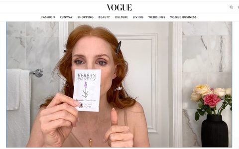 Herban Essentials Lavender Towelettes in a carry-on, inspired by Vogue Beauty Secrets with Jessica Chastain