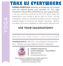 Load image into Gallery viewer, information-yoga-lavender-wipes-essential-oil-herban-essentials
