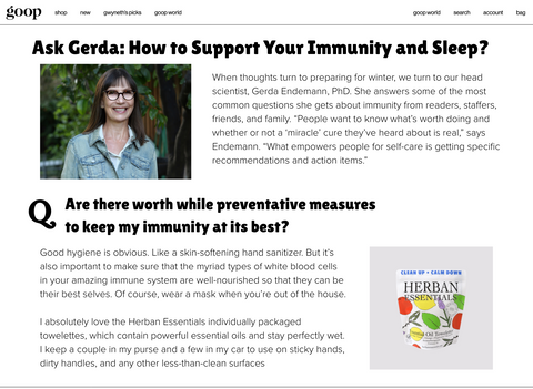 Screenshot from Goop’s Ask Gerda column featuring head scientist Gerda Endemann recommending Herban Essentials Essential Oil Towelettes as a preventative pick for immunity support.