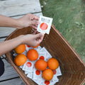 Person holding a herban essentials orange essential oil wipe next to a basket of oranges on a wooden deck.