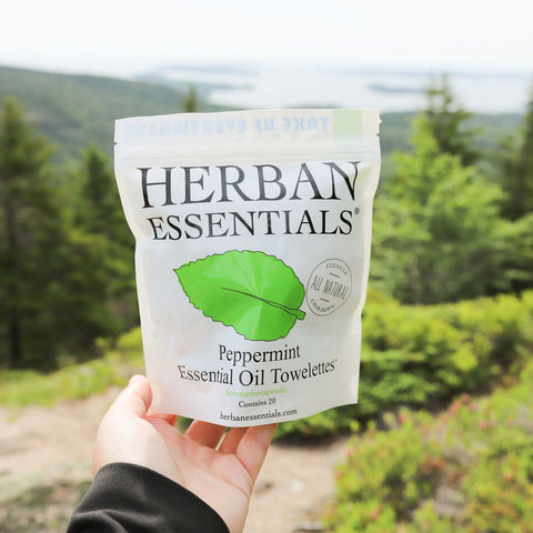 Hand holding a package of herban Essentials Peppermint Essential Oil Towelettes with a scenic background.