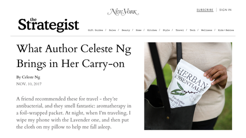 NYMag The Strategist article on Celeste Ng’s travel essentials featuring Herban Essentials Towelettes